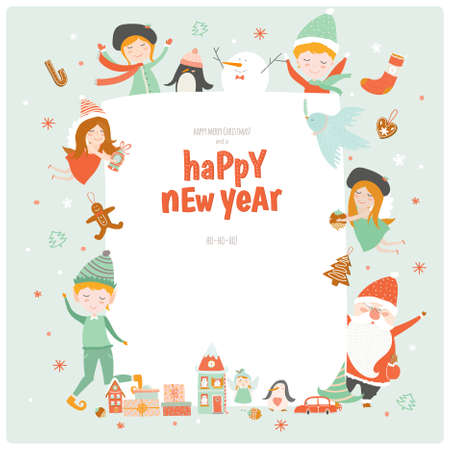 Cute Christmas cards with Santa Claus, angels, elf, friends and a lot of holiday symbols. Lovely winter invitations in cartoon and character style with place for text.のイラスト素材