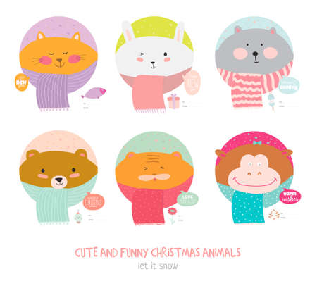 Happy New 2017 Year and Merry Christmas Set. Cute and Funny Animals wrapped in a scarf congratulates all of the holidays. Circle cut. Good for greeting card, holidays poster, labels or banners.のイラスト素材