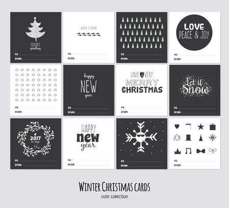 Big set of square black and white winter cards. Merry Cristmas and Happy New 2017 Year background. Cute illustration with holiday wishes. Isolated. Vectorのイラスト素材