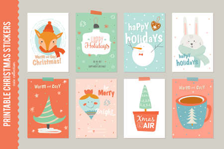 Collection of 8 Christmas gift tags and cards templates. Christmas beautiful cheerful posters set. Lovely winter invitations with cartoon and character style illustration.のイラスト素材