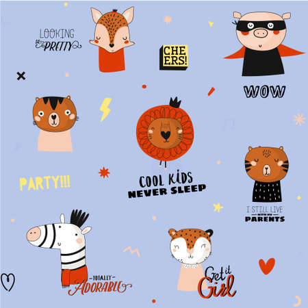 Super cute animal seamless pattern in vector. Trendy illustration and cool typography.Color background. Panda, bear, zebra, penguin, dog. Scandinavian kids collectionのイラスト素材