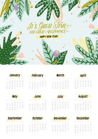 Cute 2019 Calendar. Yearly Planner Calendar with all Months. Good Organizer and Schedule. Bright colorful illustration with motivational quotes. Vector backgroundのイラスト素材