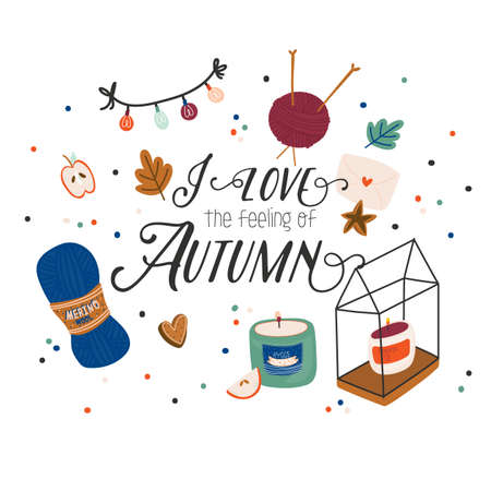 Cute vector illustration with autumn and winter hygge elements. Isolated on white background. Motivational typography of hygge quotes. Scandinavian styleのイラスト素材