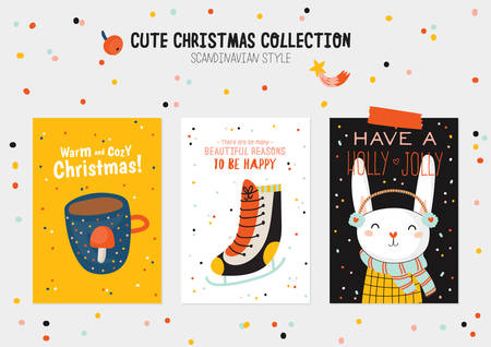 Christmas kit of cute winter postars and cards. New Year elements and holiday typography. Isolated. Scandinavian style illustration good for stickers, labels, tags, cards, posters. Vectorのイラスト素材