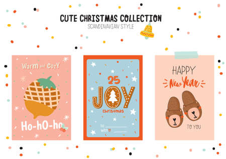 Christmas kit of cute winter postars and cards. New Year elements and holiday typography. Isolated. Scandinavian style illustration good for stickers, labels, tags, cards, posters. Vectorのイラスト素材