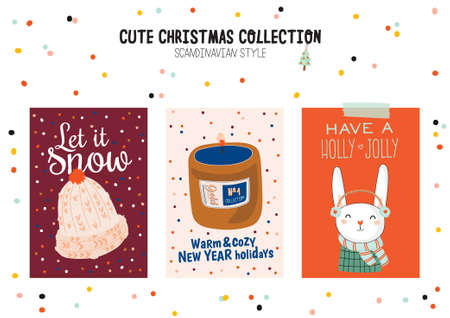 Christmas kit of cute winter postars and cards. New Year elements and holiday typography. Isolated. Scandinavian style illustration good for stickers, labels, tags, cards, posters. Vectorのイラスト素材