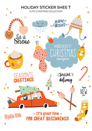 Cute nordic autumn and winter elements. Isolated on white background. Motivational typography of hygge quotes. Scandinavian style illustration good for stickers, labels, tags, cards, posters. Vectorのイラスト素材