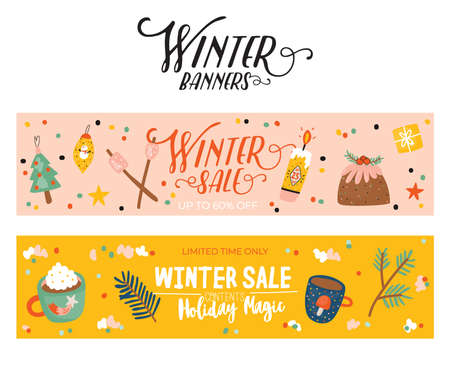 Winter Sale posters and banners. Cute Christmas illustration in vector. Scandinavian New Year elements and holiday typography good for winter sale stickers, labels, tags, cards, posters.のイラスト素材