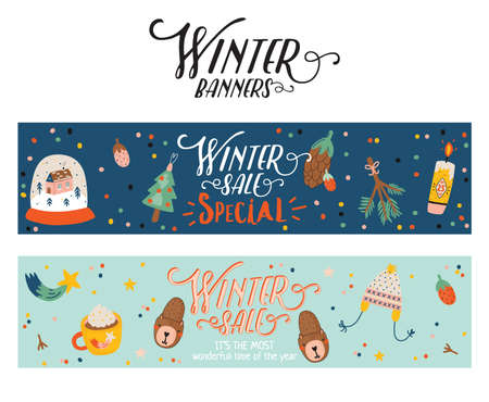 Winter Sale posters and banners. Cute Christmas illustration in vector. Scandinavian New Year elements and holiday typography good for winter sale stickers, labels, tags, cards, posters.のイラスト素材