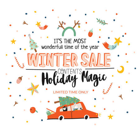 Winter Sale posters and banners. Cute Christmas illustration in vector. Scandinavian New Year elements and holiday typography good for winter sale stickers, labels, tags, cards, posters.のイラスト素材
