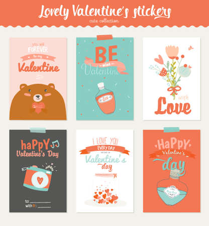 Collection of 6 Valentines day gift tags and journaling cards templates. Romantic and beauty posters set. Lovely invitations with cartoon and character style illustrations with romantic typographyのイラスト素材