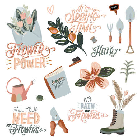 Cute Hello Spring set with hand drawn garden elements, tools and romantic lettering. Good template for web, card, poster, sticker, banner, invitation, wedding. Vector illustrationのイラスト素材
