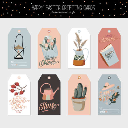 Cute Hello Spring set with hand drawn garden elements, tools and romantic lettering. Good template for web, card, poster, sticker, banner, invitation, wedding. Vector illustrationのイラスト素材