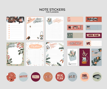 Set of planners and to do lists with spring floral scandinavian illustrations and trendy lettering. Template for agenda, planners, check lists, and other stationery. Isolated. Vector backgroundのイラスト素材