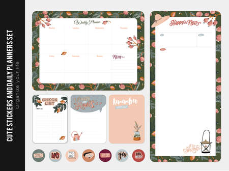 Set of planners and to do lists with spring floral scandinavian illustrations and trendy lettering. Template for agenda, planners, check lists, and other stationery. Isolated. Vector backgroundのイラスト素材