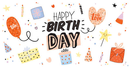 Happy birthday kids set with cute Holiday Party elements; gift box, ballon, cake, candle, hat. Isolated. White background. Vector. Good for decoration children's partyのイラスト素材