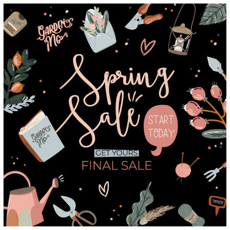 Spring sale background with beautiful flowers and romantic lettering. Good template for web, card, poster, sticker, banner, invitation, wedding. Vector illustrationのイラスト素材