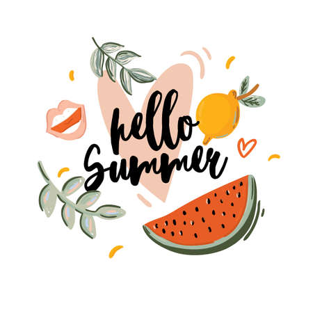 Summer print with cute elements and lettering isolated on white background. Hand drawn scandinavian...