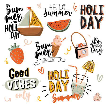 Summer print with cute holiday elements and lettering isolated on white background.  Hand drawn...