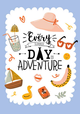 Summer print with cute holiday elements and lettering isolated on white background.  Hand drawn trendy style. Vector. Good for invitations, labels, tags, web, banners, posters, cards and flyersのイラスト素材