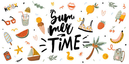 Summer print with cute holiday elements and lettering on white background.  Hand drawn trendy style....