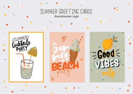 Collection of summer print with cute holiday elements and lettering on color background.  Hand drawn trendy style. Vector. Good for invitations, labels, tags, web, banners, posters, cards and flyersのイラスト素材