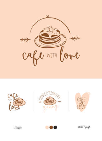 Set logotype for restaurant and cafe menu design. Vector logo template. Food icon, sweets, drinks, fast food with trendy lettering. Scandinavian illustration in simple black and white line style.のイラスト素材
