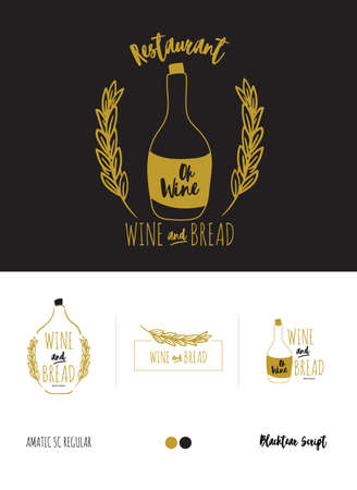Set logotype for restaurant and cafe menu design. Vector logo template. Food icon, sweets, drinks, fast food with trendy lettering. Scandinavian illustration in simple black and white line style.のイラスト素材