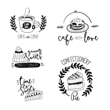 Set logotype for restaurant and cafe menu design. Vector logo template. Food icon, sweets, drinks, fast food with trendy lettering. Scandinavian illustration in simple black and white line style.のイラスト素材