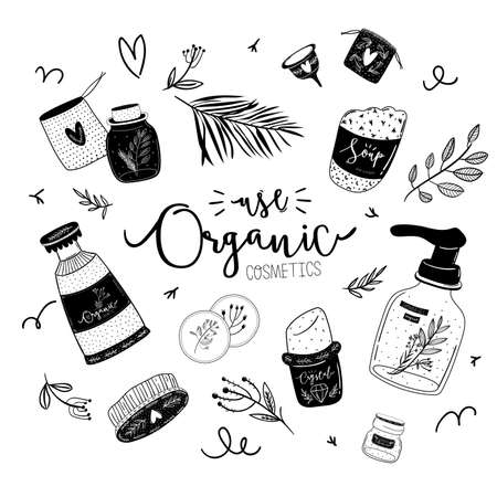 Zero waste life set. Glass jar and cutlery, eco grocery bag, toothbrush, natural cosmetic, menstrual cup, thermo mug. Vector. Trendy hand drawn black and white illustration in scandinavian style.のイラスト素材