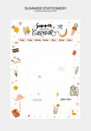 Set of weekly planners and to do lists with cute summer illustrations and trendy lettering. Template for agenda, planners, check lists, and other kids stationery. Isolated. Vectorのイラスト素材