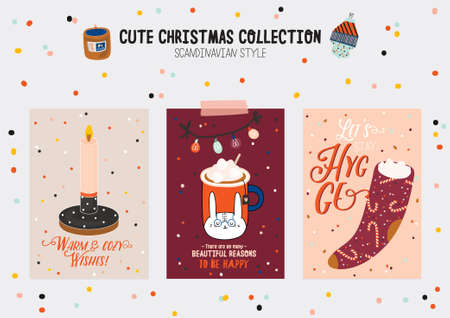 Christmas kit of cute winter postars and cards. New Year elements and holiday typography. Isolated. Scandinavian style illustration good for stickers, labels, tags, cards, posters. Vectorのイラスト素材