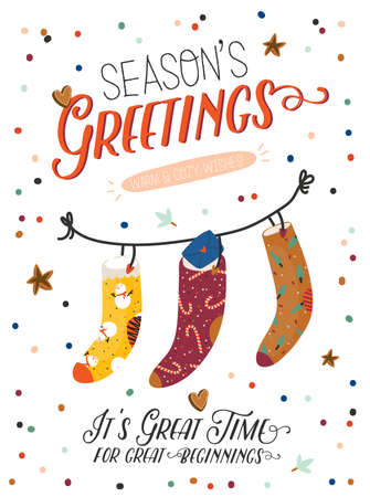 Cute vector illustration with autumn and winter hygge elements. Isolated on color background. Motivational typography of hygge quotes. Scandinavian styleのイラスト素材