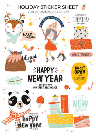 Cute Happy New Year winter elements. Isolated on white background. Motivational typography of hygge quotes. Scandinavian style illustration good for stickers, labels, tags, cards, posters. Vectorのイラスト素材
