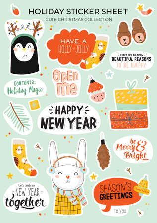 Cute Happy New Year winter elements. Isolated on white background. Motivational typography of hygge quotes. Scandinavian style illustration good for stickers, labels, tags, cards, posters. Vectorのイラスト素材