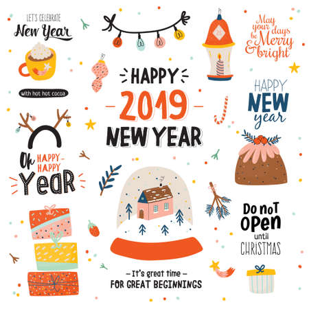 Merry Christmas And Happy New 2020 Year templates with holiday lettering and traditional christmas elements. Cute illustration in scandinavian style. Vector. Blue backround. Kids, animals, car, giftsのイラスト素材