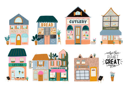 Collection of cute house, shop, store, cafe and restaurant isolated on white background. Flat vector illustration in trendy scandinavian style. European cityのイラスト素材