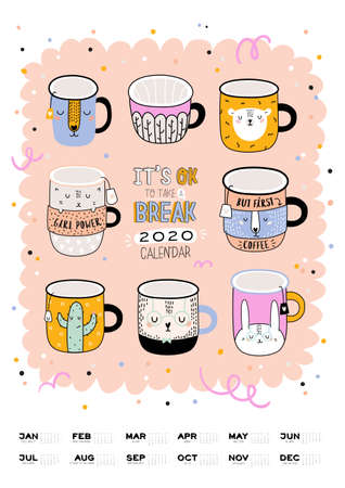 Cute wall calendar. 2020 Yearly Planner with all Months. Good Organizer and Schedule. Trendy illustration -  animal cartoon coffee cups and motivational quotes. Vector backgroundのイラスト素材