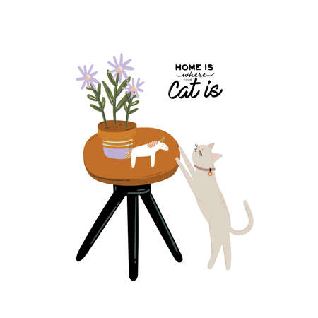 Stylish Scandic living room interior - sofa, armchair, coffee table, plants in pots, lamp, home decorations. Cozy Autumn. Modern comfy apartment furnished in Hygge style. Vector flat illustration.のイラスト素材