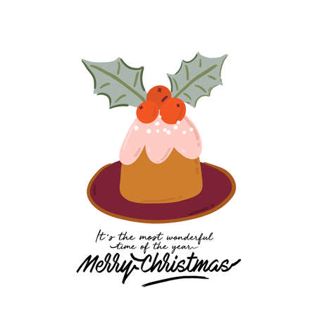 Tasty holiday bakery sweets in cartoon style. Hand drawn cute Merry Christmas illustration with new year typography wish. Vector isolated. Cozy winter mood. Hyggeのイラスト素材