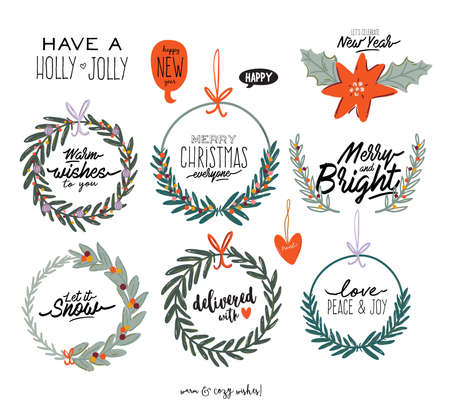 Set of festive fir wreath. Traditional Winter holiday flat vector illustration. Cute Christmas greeting card with happy new year typography. Isolated.のイラスト素材