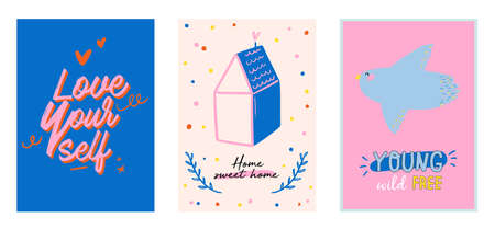 Cute scandinavian characters set including trendy quotes and cool decorative hand drawn elements.のイラスト素材