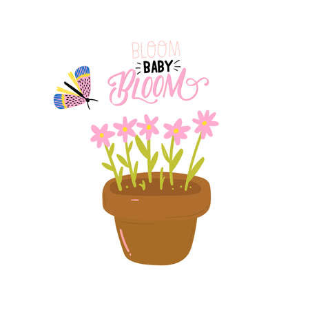 Cute scandinavian characters set including trendy quotes and cool decorative hand drawn elements. Cartoon doodle style illustration for patches, stickers, T-shirt, nursery, kids design. Vector.のイラスト素材