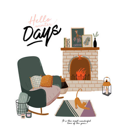 Scandinavian interior with home decorations - fireplace, cat, plaid, armchair, candles. Cozy Winter holiday season. Cute illustration and Christmas typography in Hygge style. Vector. Isolated.のイラスト素材