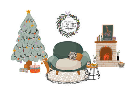 Scandinavian interior with home decorations - wreath, cat, sofa, tree, gift, fireplace, table. Cozy Winter holiday season. Cute illustration and Christmas typography in Hygge style. Vector. Isolated.のイラスト素材