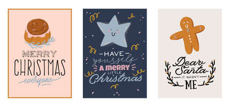 Merry Christmas or Happy New 2020 Year cards with holiday lettering and traditional winter element....