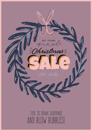 Sale print with beautiful Winter background, Christmas elements and trendy lettering. Good template for web, card, poster, sticker, banner, invitation, flyers. Vector illustrationのイラスト素材