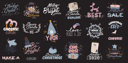 Merry Christmas or Happy New 2020 Year illustration with holiday lettering and traditional winter element. Cute prints in scandinavian style. Good for label, banner, tags or stickers . Vector isolatedのイラスト素材
