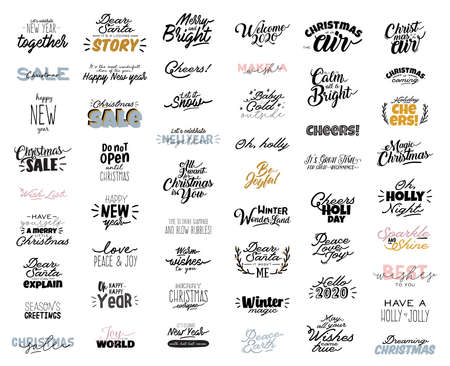 Merry Christmas or Happy New 2020 Year illustration with holiday lettering and traditional winter element. Cute prints in scandinavian style. Good for label, banner, tags or stickers . Vector isolatedのイラスト素材