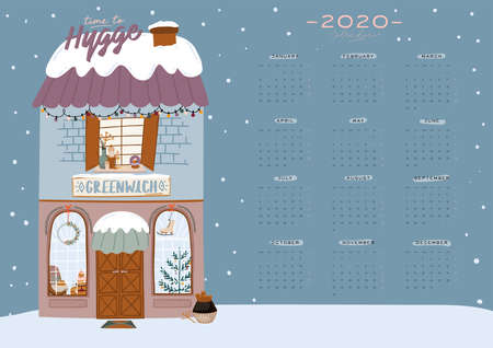 Wall calendar. 2020 Yearly Planner with all Months. Good Organizer and Schedule. Cute winter house background. Motivational quote lettering. Flat vector illustration in trendy styleのイラスト素材